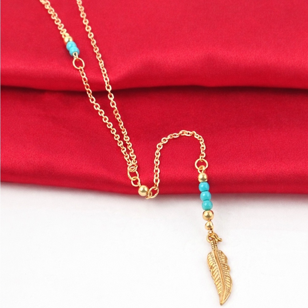 Gold and Turquoise Feather Pendant Necklace